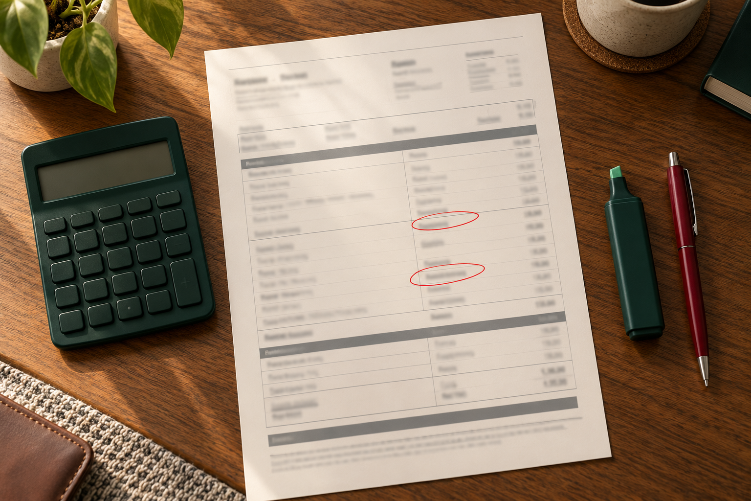A dealer deal worksheet on a desk with fee lines circled in red, next to a calculator and a highlighter.