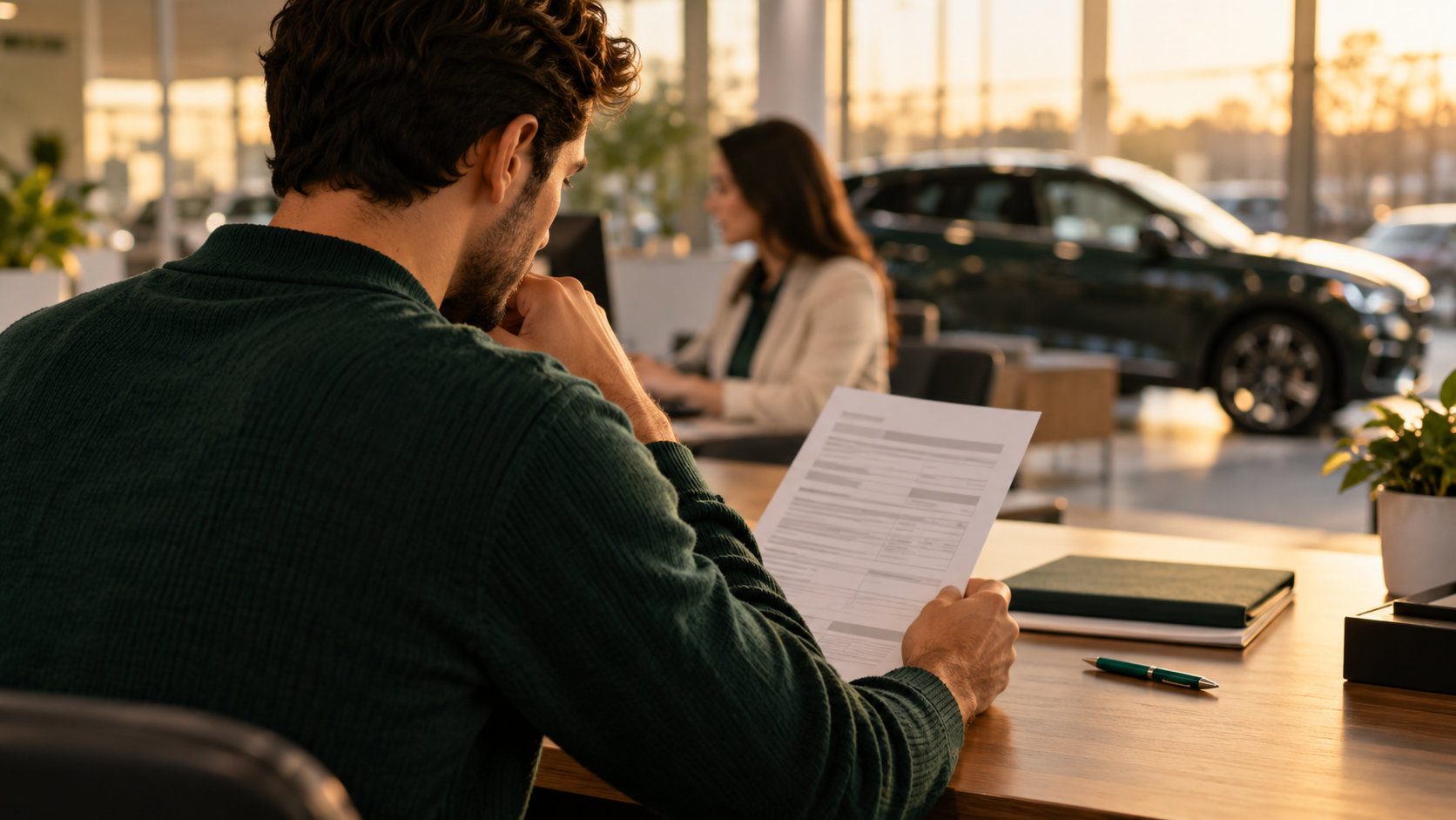 A car buyer seen from behind, studying a dealer deal sheet at a desk in a showroom in warm evening light.